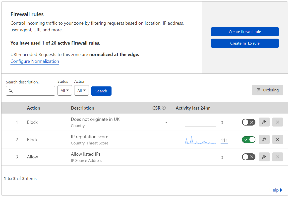 The Firewall rules interface, displaying a list of three example firewall rules. This interface allows you to create new firewall rules, manage existing rules, and search and filter the list of rules.